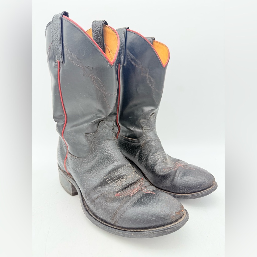 vintage black leather western cowboy boots with red piping for women - cowgirl